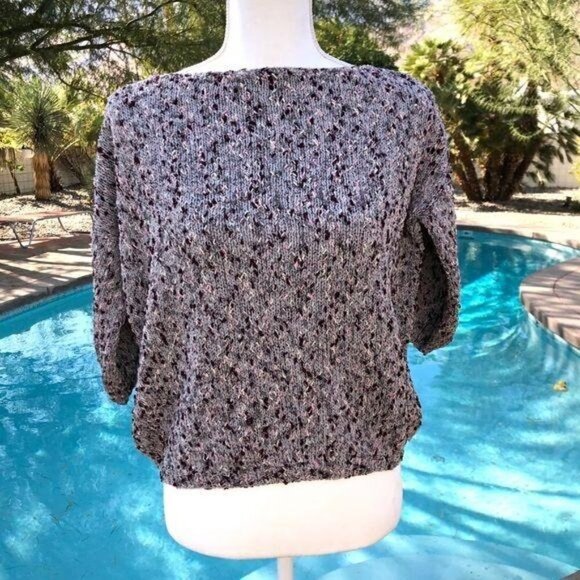 Nubby Knit Sweater Womens Vintage Light Gray Pink Boat Neck Three Quarter Sleeve - Picture 7 of 7
